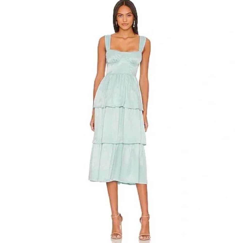 WeWoreWhat Corset Ruffle Midi Dress Blue Satin